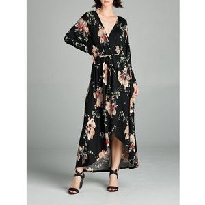 Floral Print Faux Wrap High-Low Maxi Dress